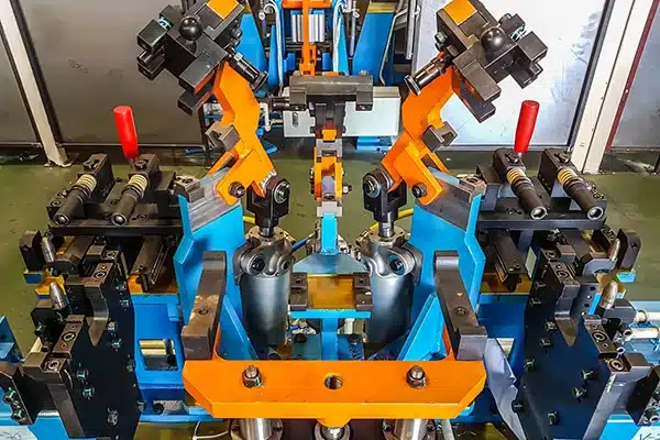 Plain milling fixture holding a workpiece on a machine table